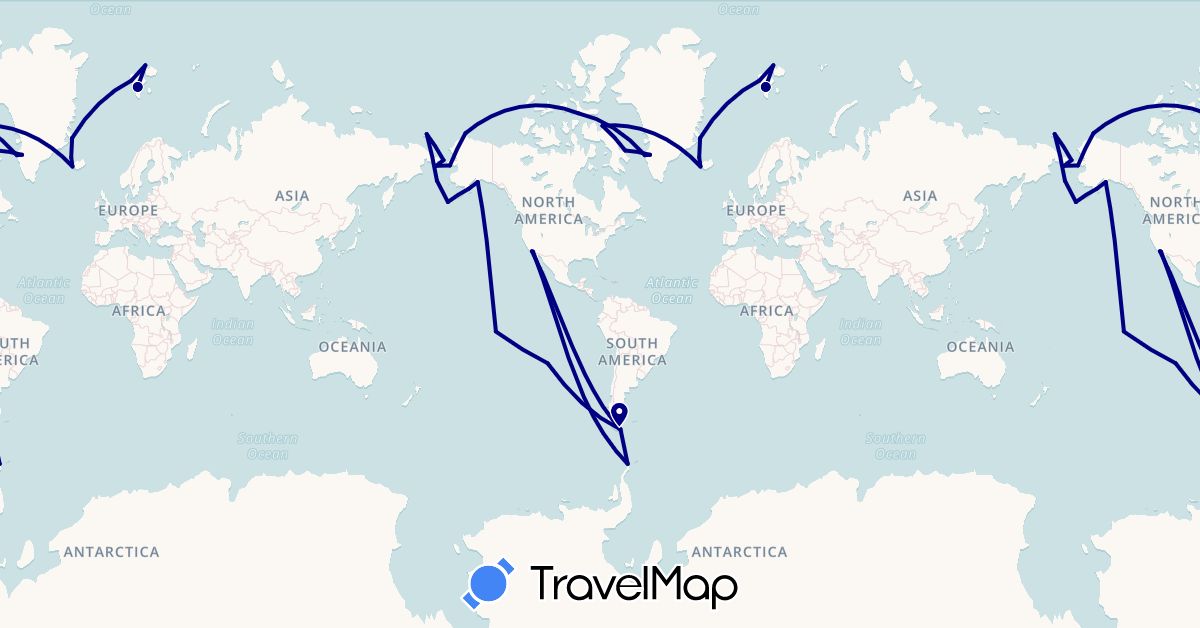 TravelMap itinerary: driving in Argentina, Canada, Chile, France, Greenland, Iceland, Norway, Russia, United States (Europe, North America, South America)